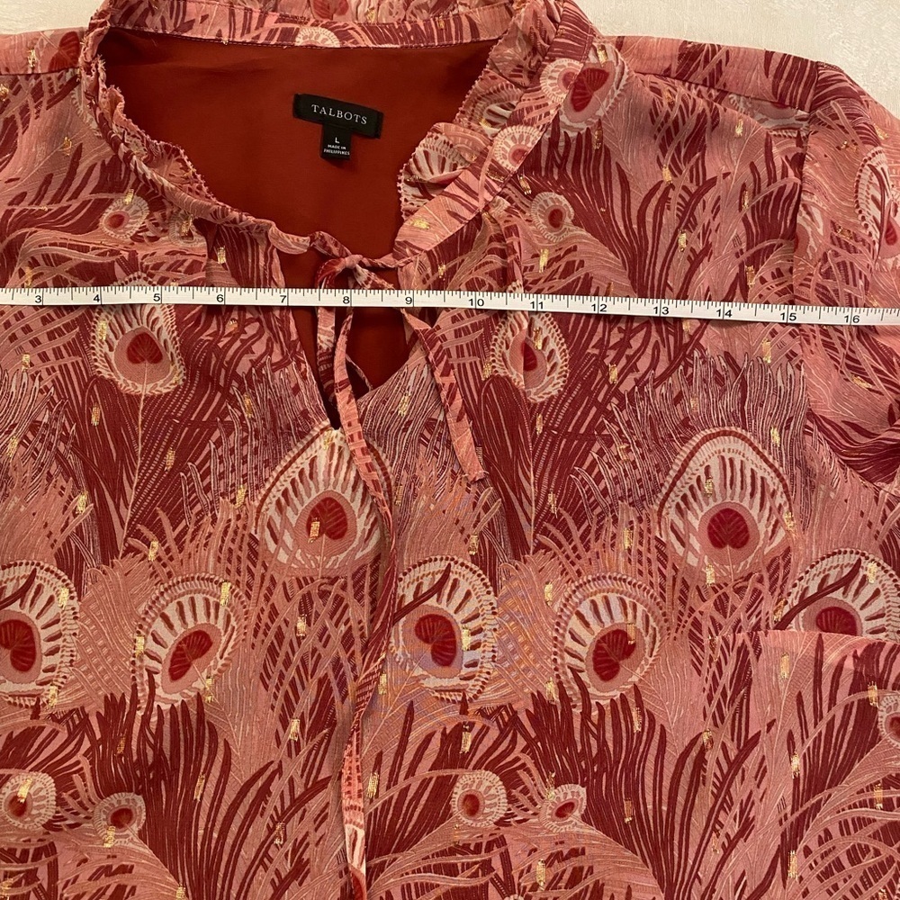 Talbots Women Pink Peacock Feathers Top Ruffle Blouse Size L - Picture 11 of 14